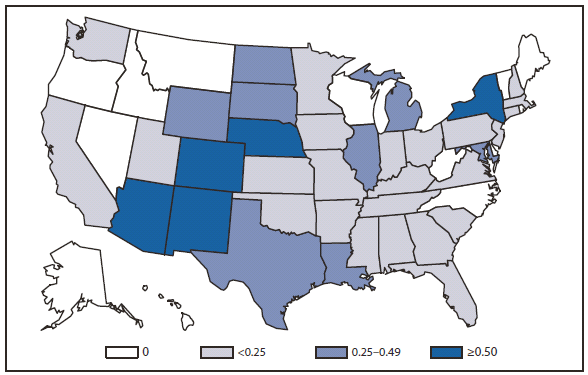 WEST NILE - This figure is a map of the United States that presents incidence range per 100,000 population of West Nile virus cases in each state in 2010.